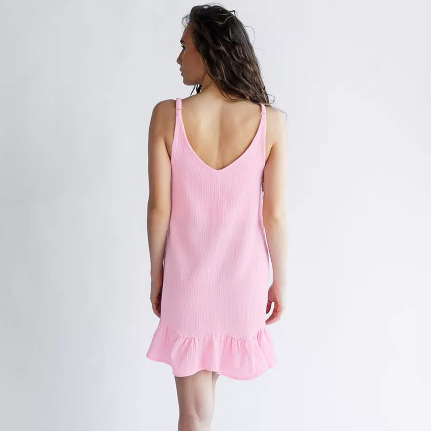 Solid Color Low Collar Sleepwear Dress