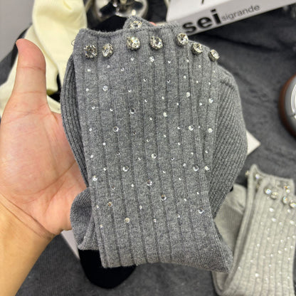 Rhinestone Ribbed Sweet Cotton Socks