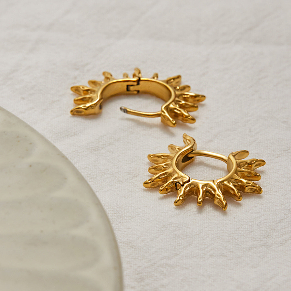 Trendy Gold Sunburst Hinged Hoop Earrings