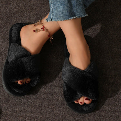 Fuzzy Cross Band Plush Home Slippers