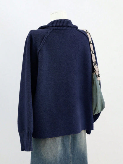 Solid Color High Neck Zip-Up Knit Cardigan