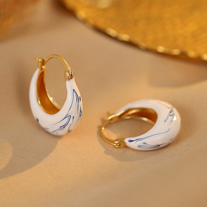 Irregular Blue White Porcelain Hoop Earrings