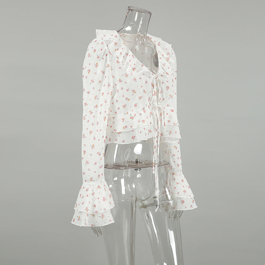 Flounce Print V-Neck Sexy String Tie Top