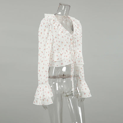 Flounce Print V-Neck Sexy String Tie Top