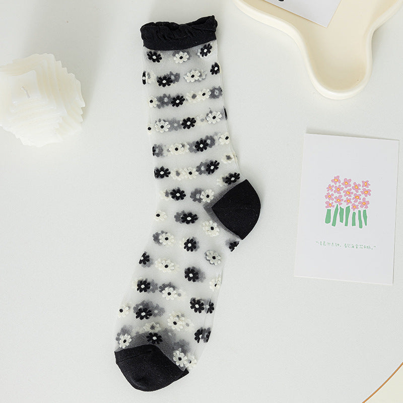 Flower Mesh Ruffle Thin Socks