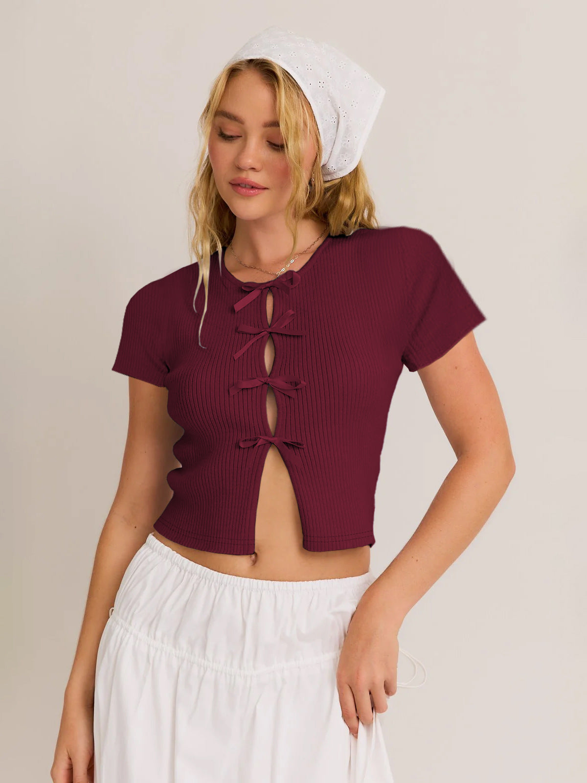 Crew Neck Hollow Out Bow Short Top