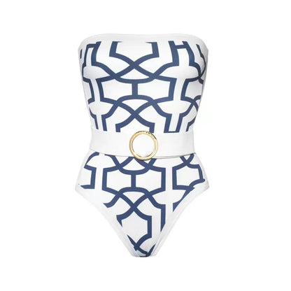 Vintage Print Strapless One Piece Swimwear with Cover