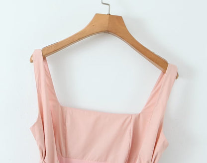 Solid Color Bow Tie Back Pleated Dress