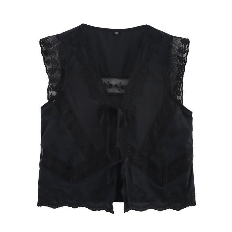 Casual Sleeveless Embroidered Tie Front Top