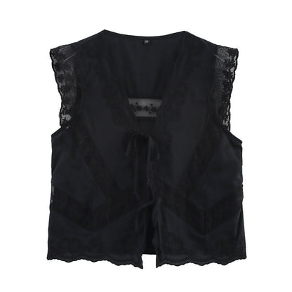 Casual Sleeveless Embroidered Tie Front Top