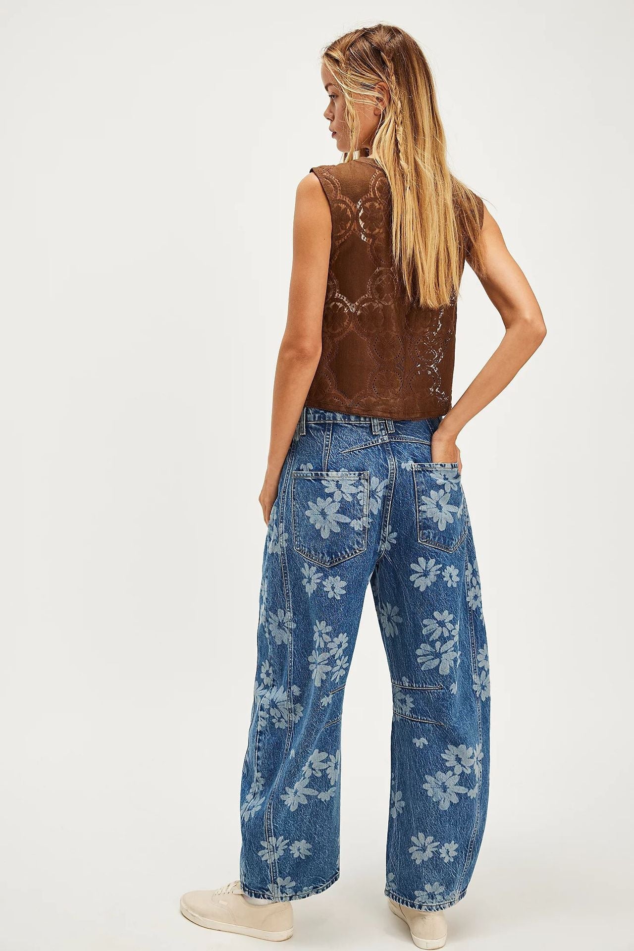 Flower Print Loose Midi Waist Jeans