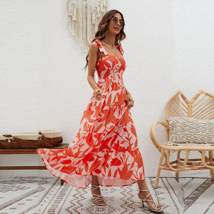 Ruffle Print Sleeveless String Strap Dress