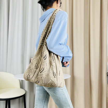 Solid Color Hollow Out Knit Shoulder Tote Bag