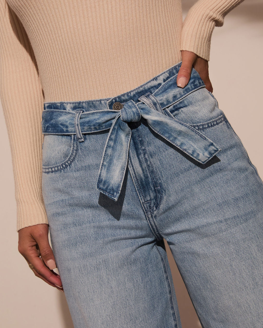 Washed Straight Leg String Tie Loose Jeans