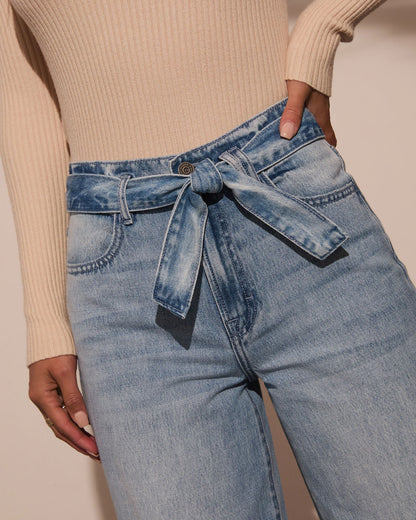 Washed Straight Leg String Tie Loose Jeans