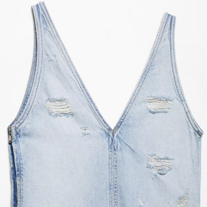 Ripped Washed Sleeveless V-Neck Denim Midi Dresses