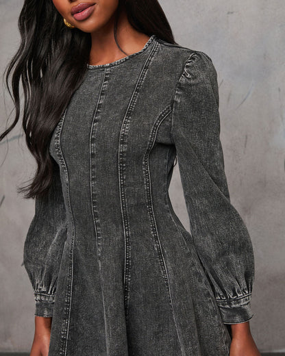 Splicing Washed Long Sleeves Denim Mini Dress