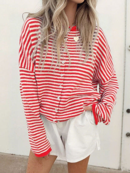 Casual Striped Round Neck Long Sleeve Cardigan