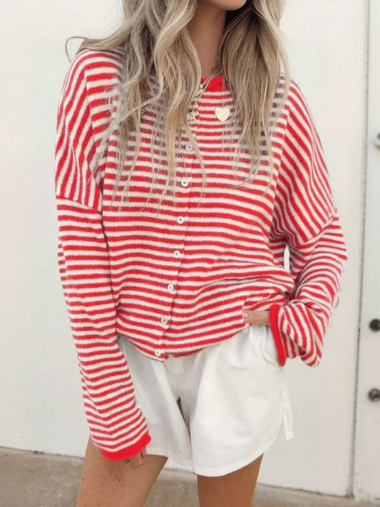 Casual Striped Round Neck Long Sleeve Cardigan
