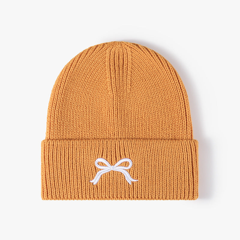 Cute Bow Embroidery Cuffed Thicken Knit Beanie