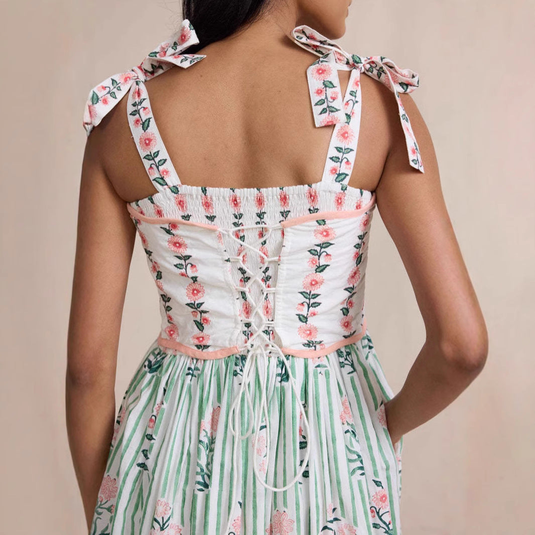 Floral Bow String Splicing Maxi Dress