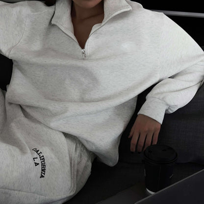 Casual Half Zipper Collared Long Sleeve Top