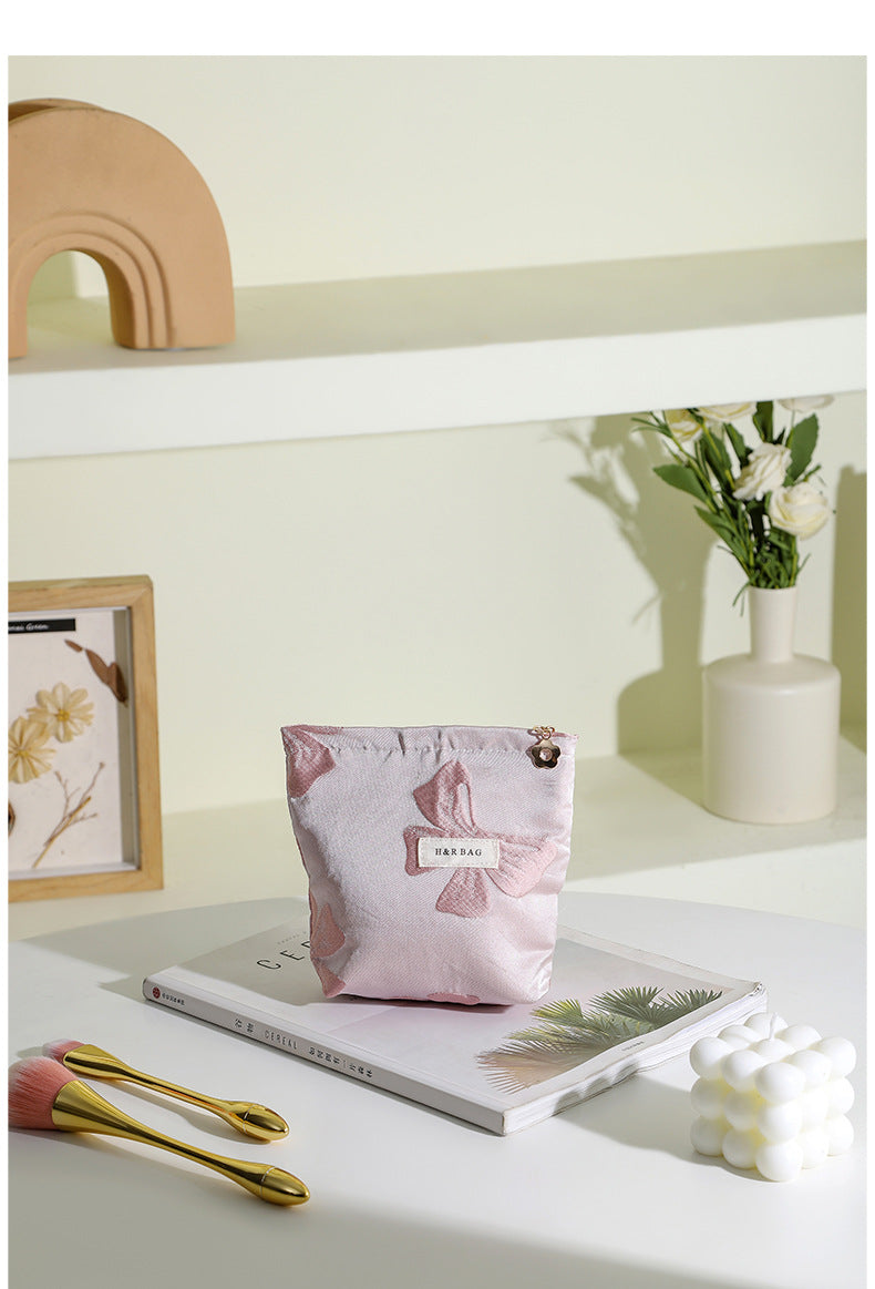 Bows Jacquard Handbag Portable Cosmetic Bag