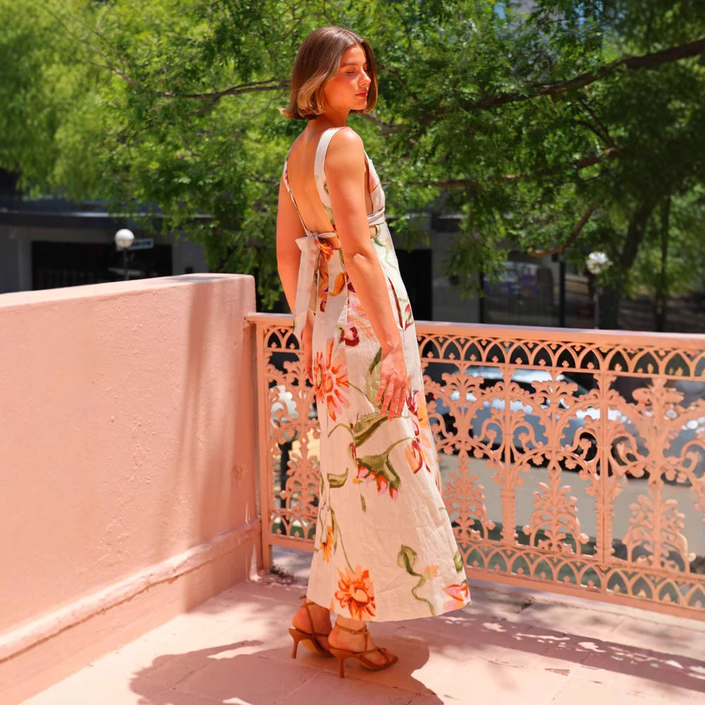 Flower Print Backless Holiday Long Dress