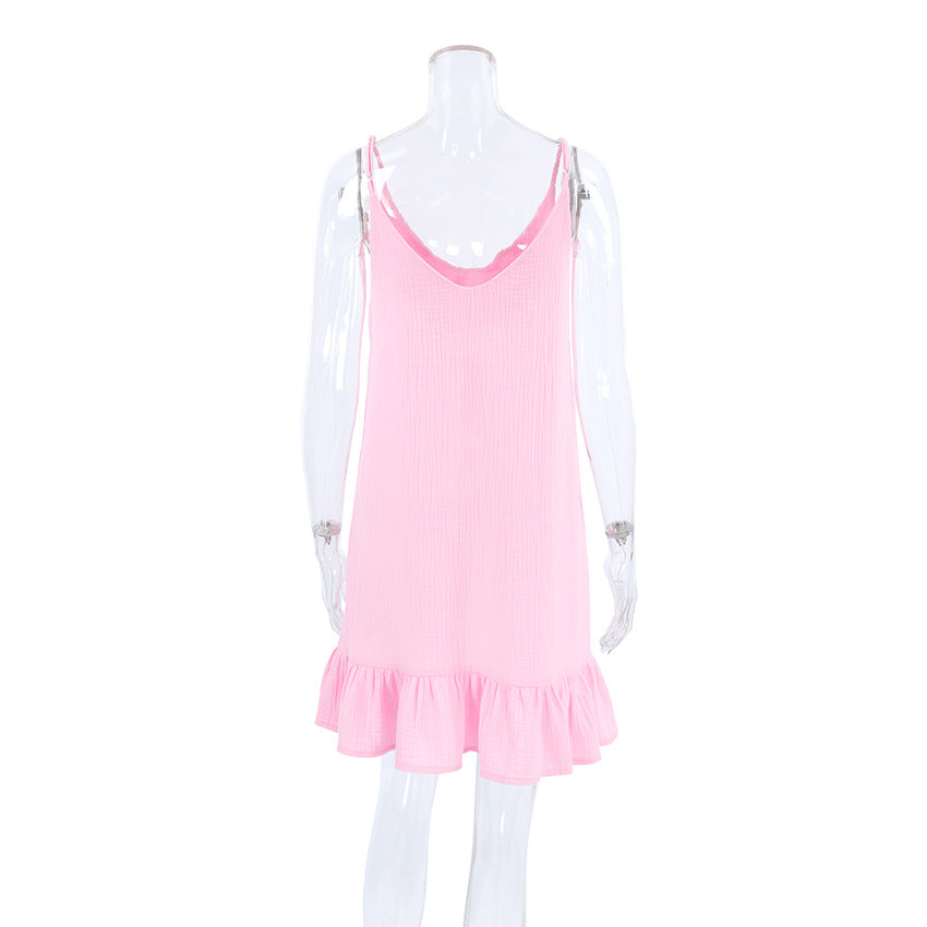 Solid Color Low Collar Sleepwear Dress