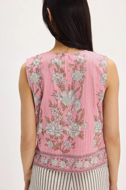Vintage Flower Print Tie Front Sleeveless Top