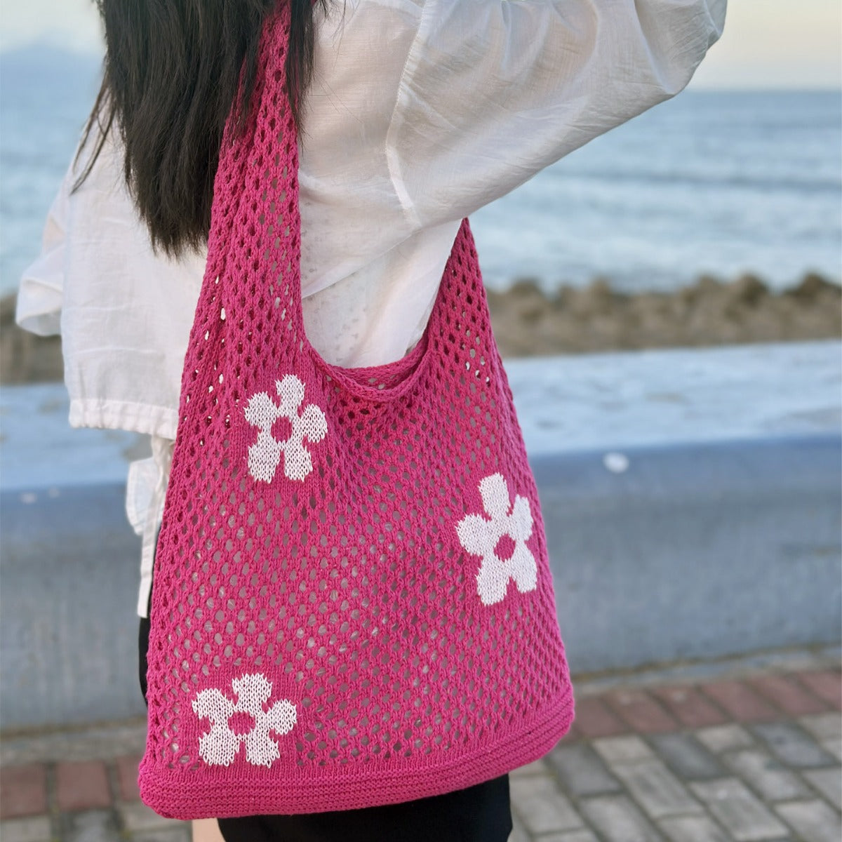 Flower Color Block Hollow Out Woven Handbag