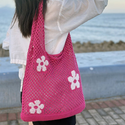 Flower Color Block Hollow Out Woven Handbag