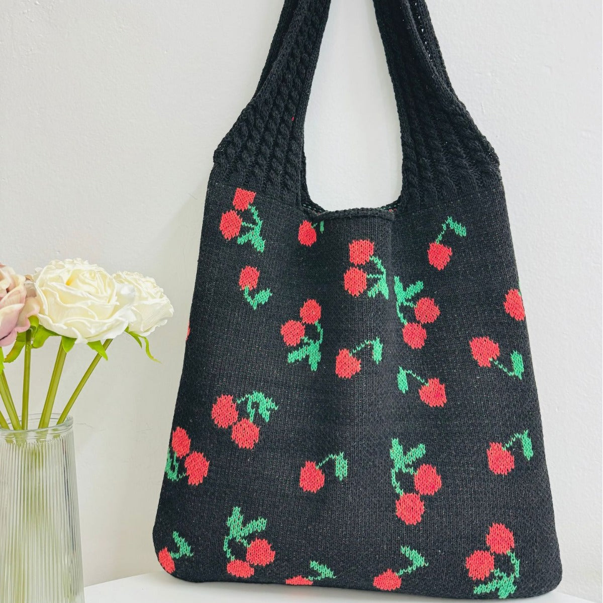 Cherry Print Cute Shoulder Bag Knit Tote Bag