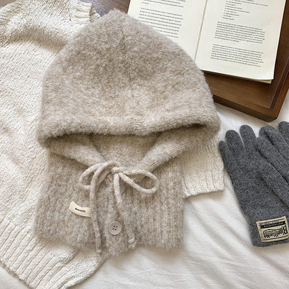 Solid Color Button One-Piece Hat & Scarf