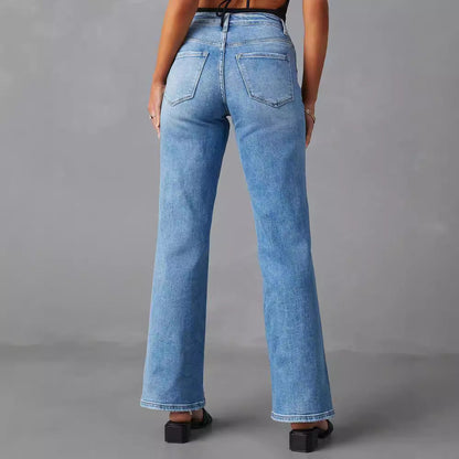Straight Leg Denim Jeans High Waist Split Jeans