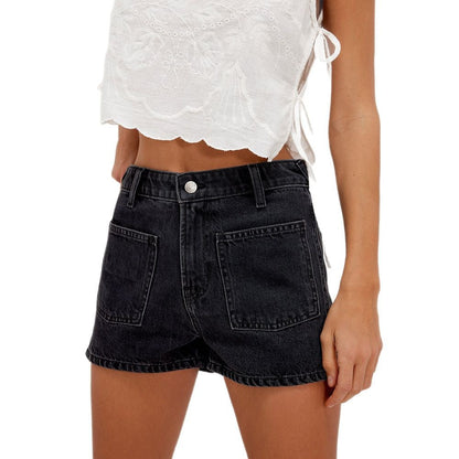Denim Pocket Casual Mid-Waist Washed Shorts
