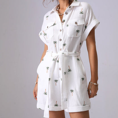 Tree Embroidered String Pockets Lapel Romper