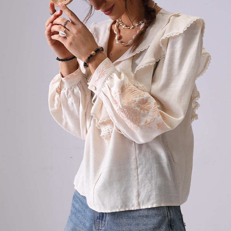 V-Neck Flounce Embroidered String Top