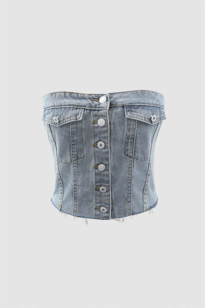 Button Down Strapless Denim Tube Tops