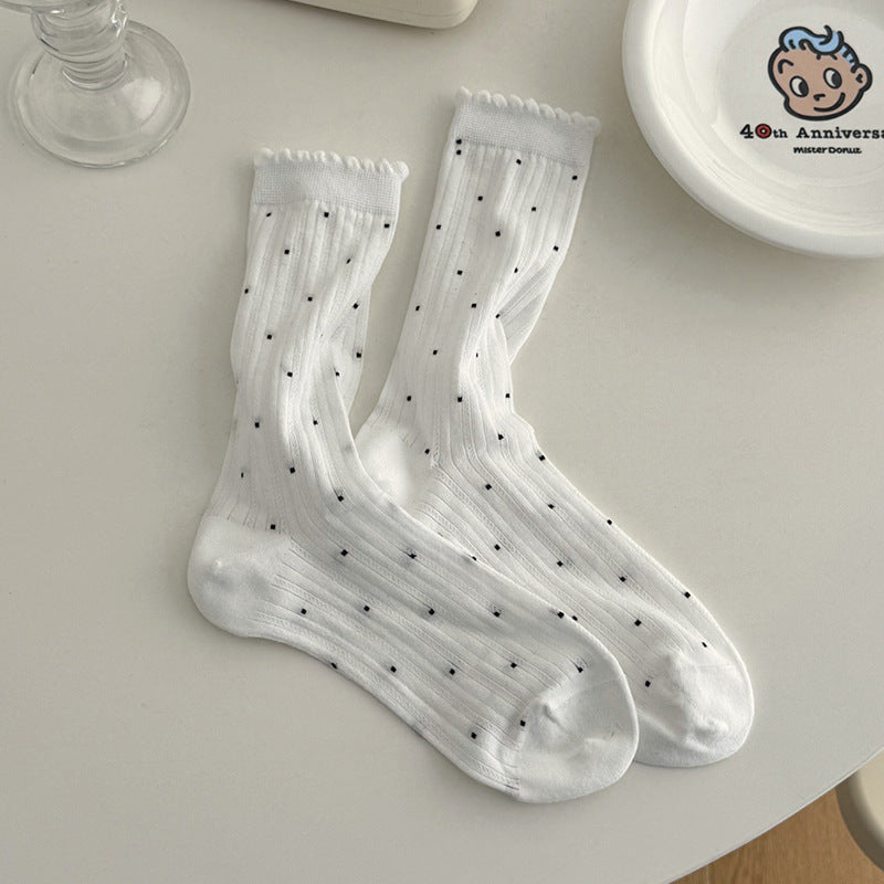 Polka Dot Ruffle Ribbed Thin Socks