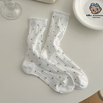 Polka Dot Ruffle Ribbed Thin Socks