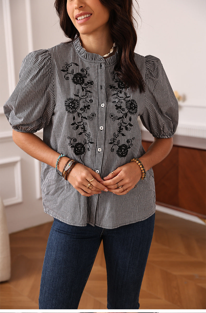 Plaid Floral Embroidered Ruffled  Shirt