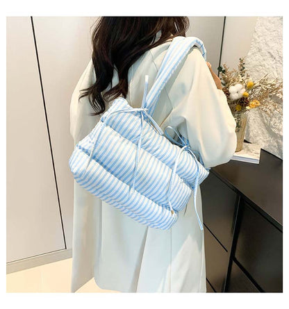 Striped Puffer Bow Knot Shoulder Handbag