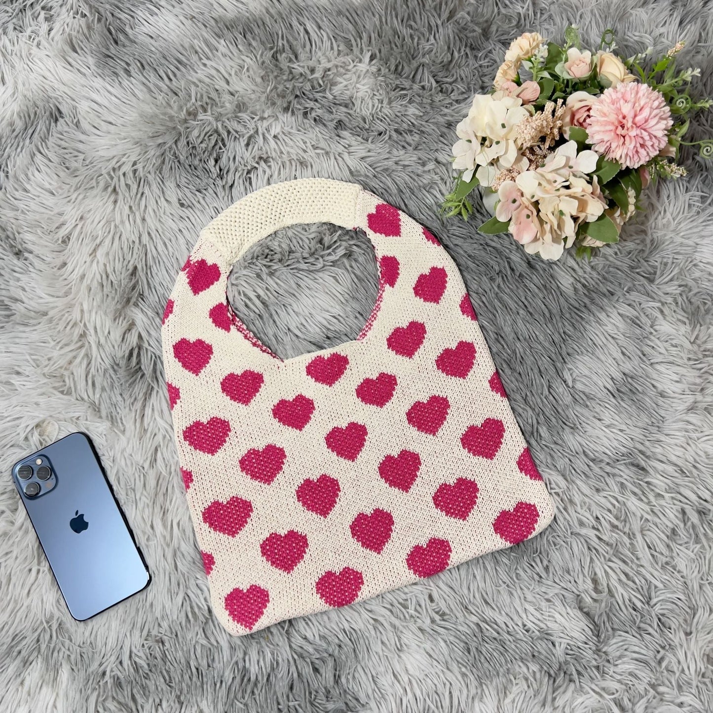 Cute Love Color Block Knit Shoulder Bag