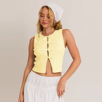 Crew Neck Hollow Out Bow Vest Top