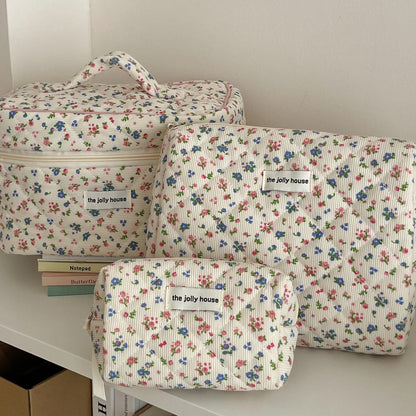Corduroy Flower Print Sweet Make Up Bag