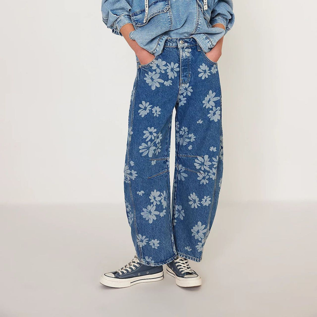 Flower Print Loose Midi Waist Jeans