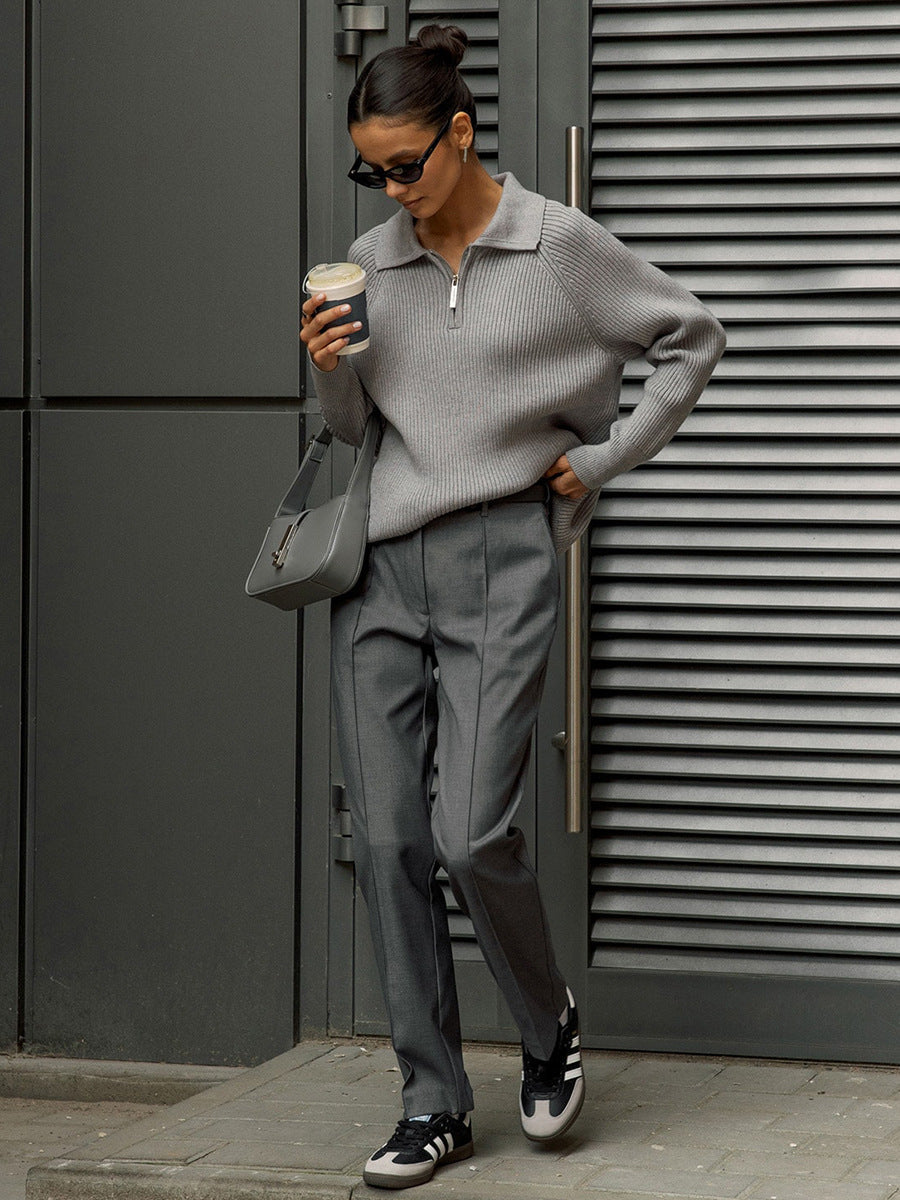 Solid Color Zipper Sweater Loose Knit Sweater