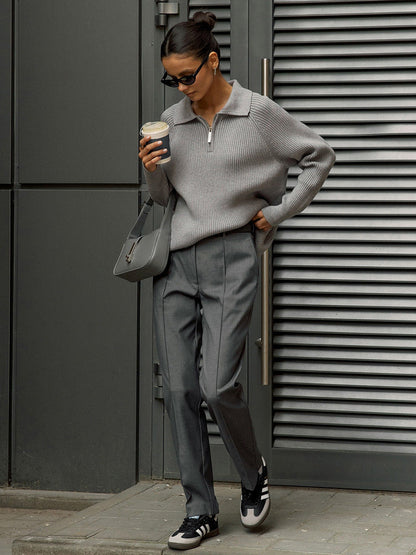 Solid Color Zipper Sweater Loose Knit Sweater