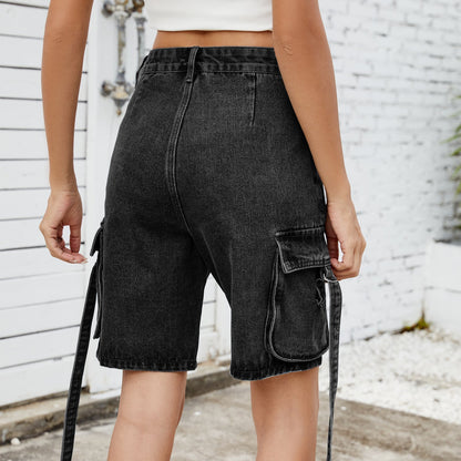 Distressed Straight Leg Cargo Denim Shorts